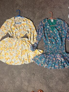 Women’s Floral Smocked Waist Dresses- Yellow and bluish green!